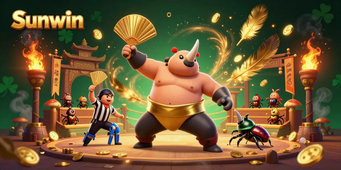 Experience the thrilling stomp of the Sunwin beetle champion, showering golden coins in an energetic casino scene.