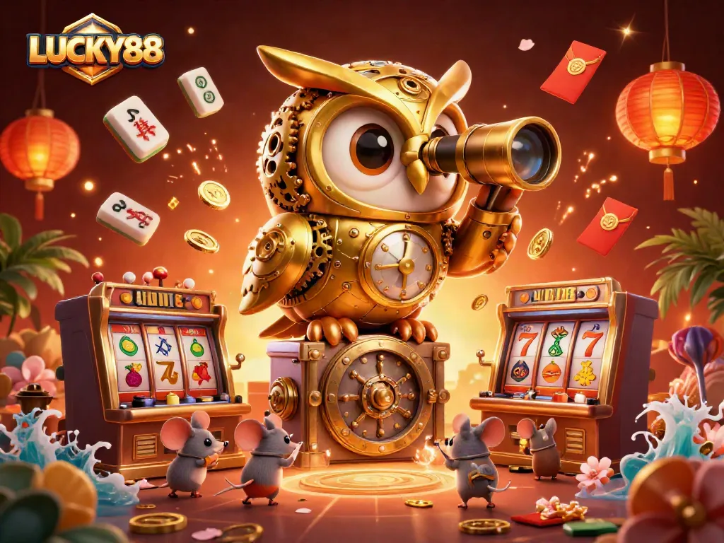Experience LUCKY88 excitement with a dynamic casino illustration featuring a golden owl and lively game elements.