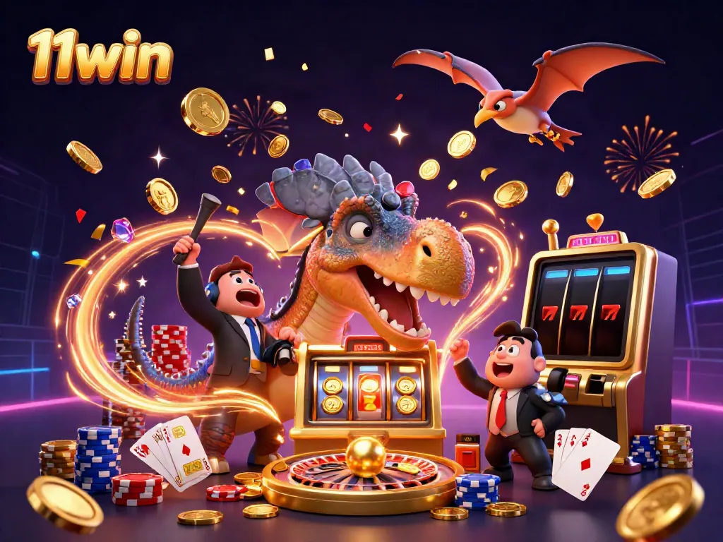 Experience excitement at 11win as a pachycephalosaurus jackpots a golden slot machine amidst cascading coins.