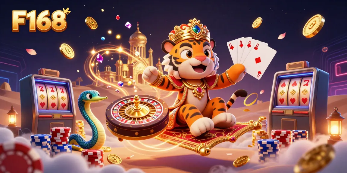 Experience the vibrant world of F168 with a magical 3D casino scene featuring lucky symbols and energetic characters.