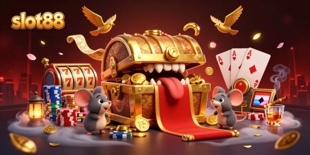 Experience the thrill of slot88 with adventure and golden rewards in this stunning casino scene.