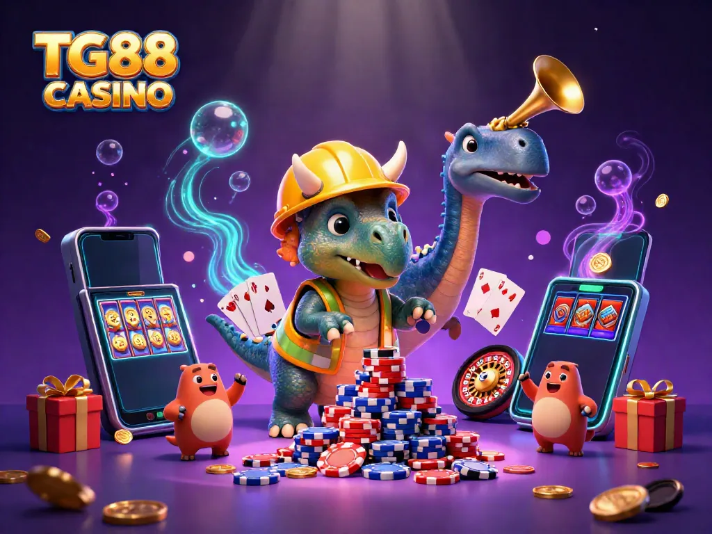 Experience thrilling gameplay at TG88 CASINO with cartoon characters celebrating a casino victory.