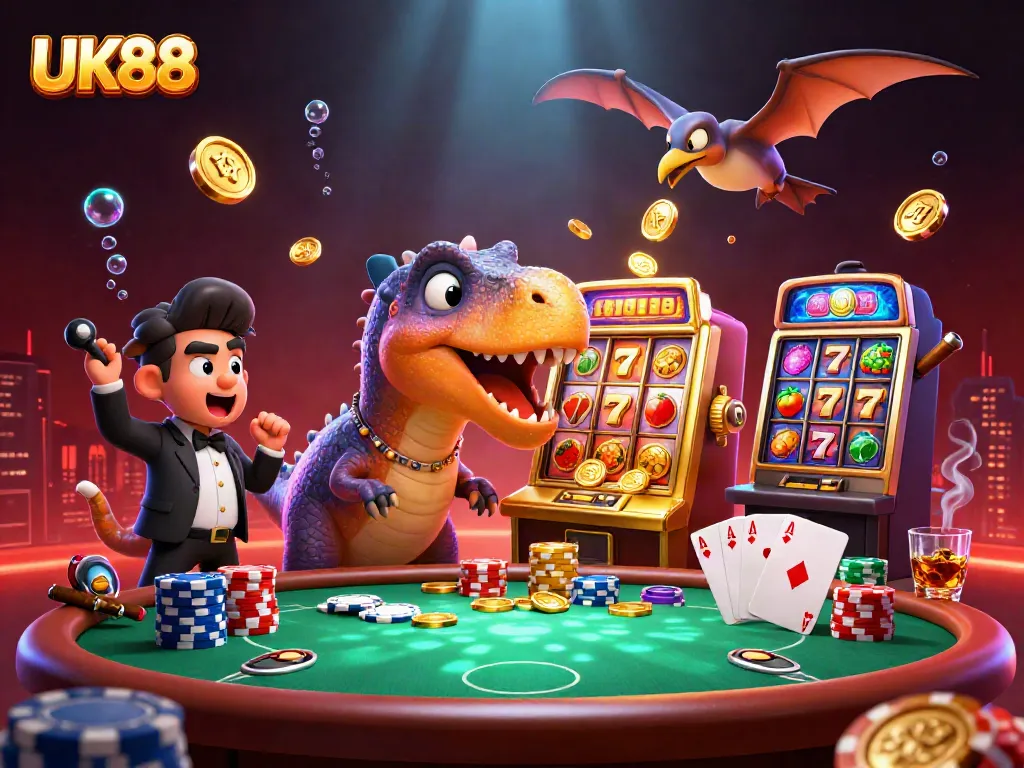 Experience the thrill of UK88 as a pachycephalosaurus hits a slot machine, creating a spectacular jackpot!