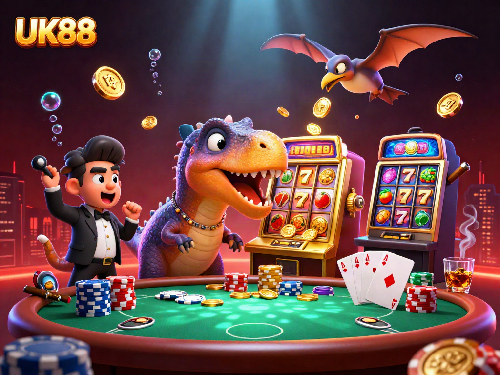 Experience the thrill of UK88 as a pachycephalosaurus hits a slot machine, creating a spectacular jackpot!