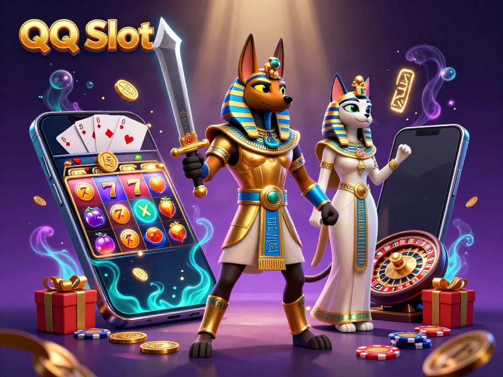 Experience QQ Slot with colorful games and casino excitement in a vibrant 3D illustration.