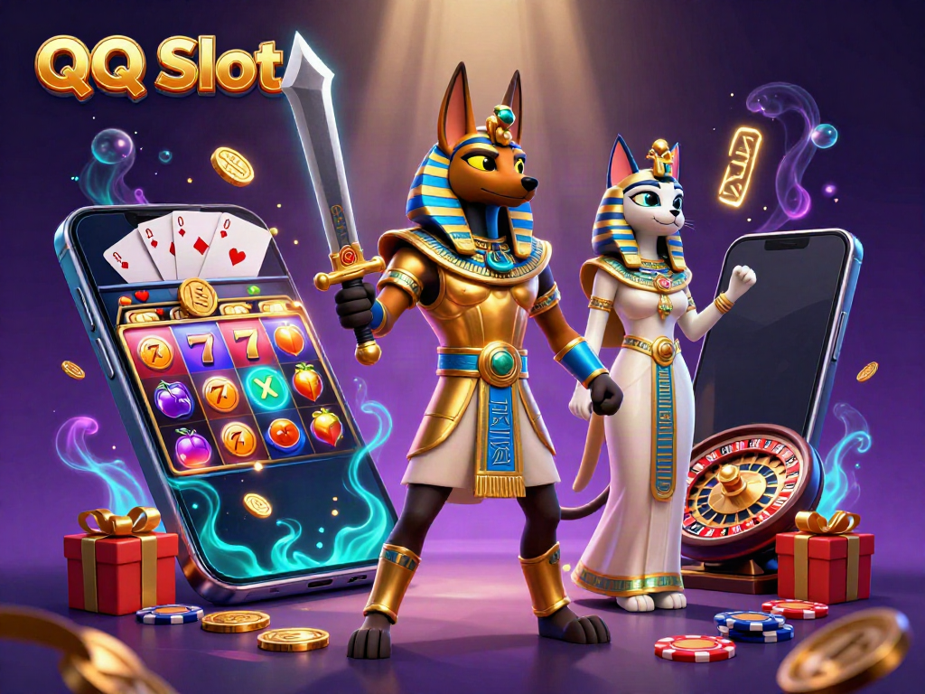 Experience QQ Slot with colorful games and casino excitement in a vibrant 3D illustration.