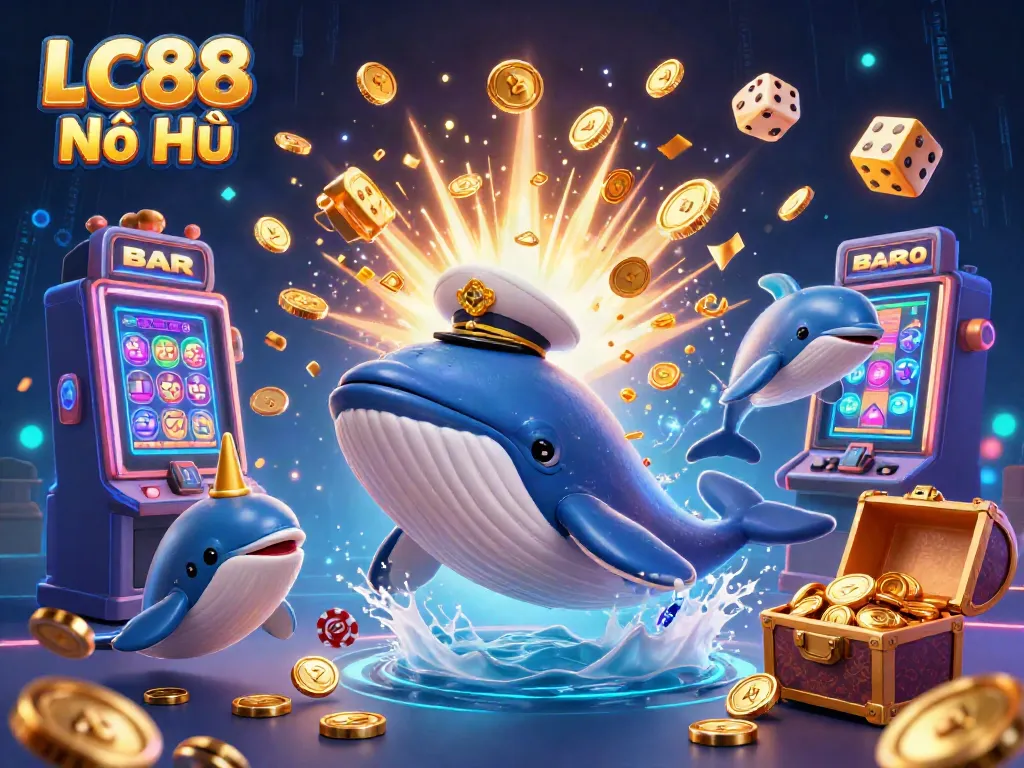 Play and win at LC88 Nổ Hũ with playful dolphins and jackpot explosions in an exciting casino scene.