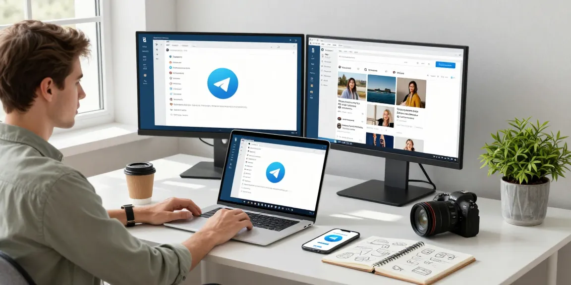 Experience seamless Telegram download on a modern tech workspace with vibrant productivity elements.