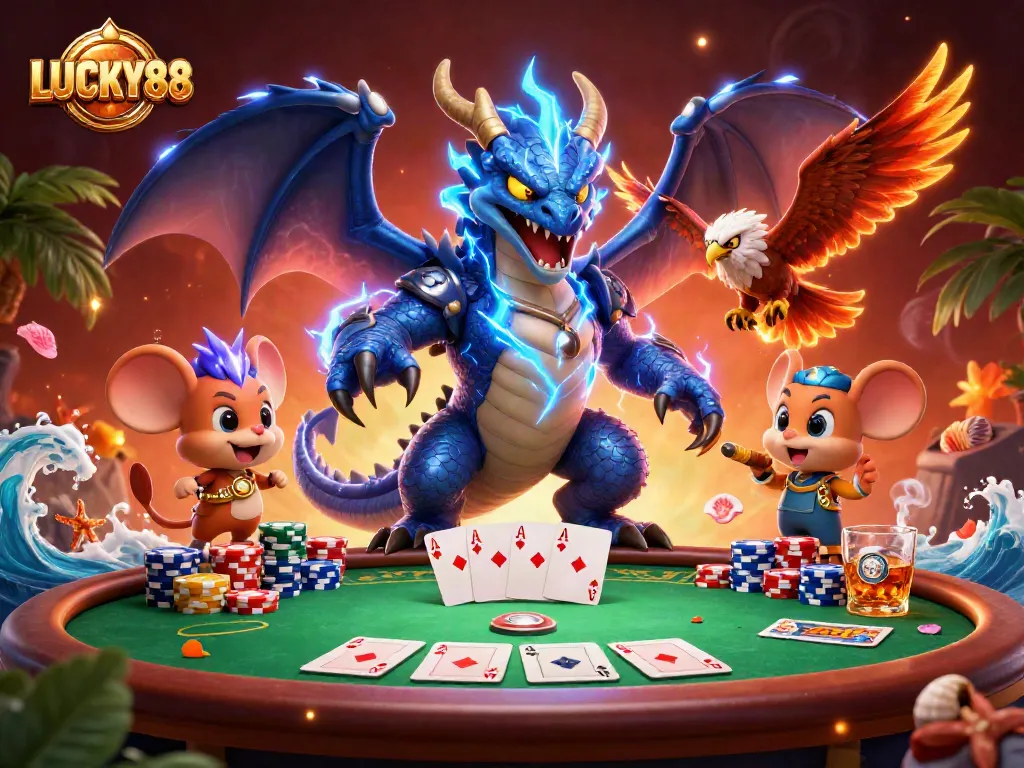 Experience winning excitement with LUCKY88, showcasing vibrant casino action and captivating characters.