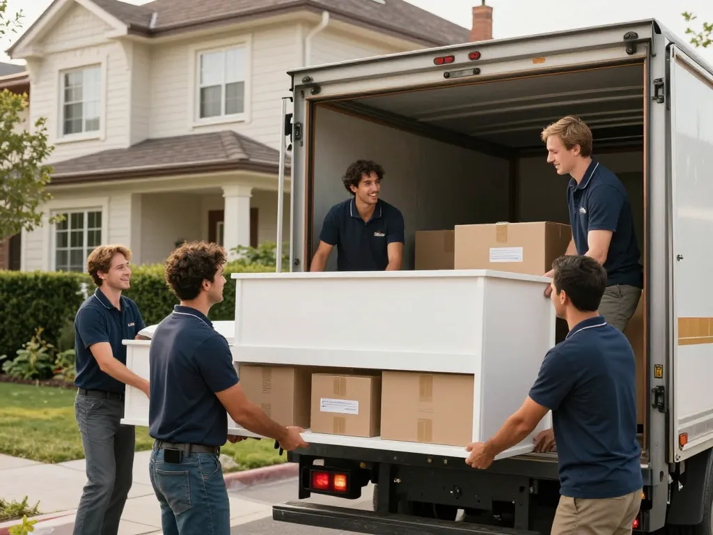 Professionelle Umzugshelfer von Umzugsunternehmen Hannover, die effizient Möbel in einen Lastwagen verladen.