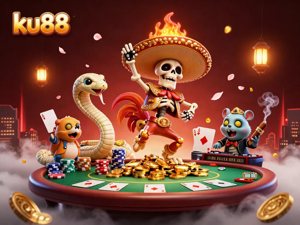 Experience vibrant casino excitement with ku88 as skeleton mariachi rooster celebrates on golden coins.