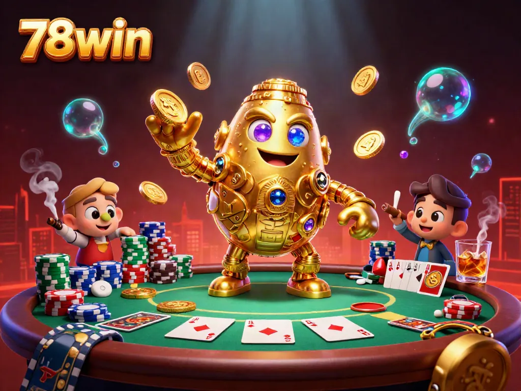 Experience the vibrant casino atmosphere with 78win's dynamic gaming scenes featuring golden golems and poker tables.