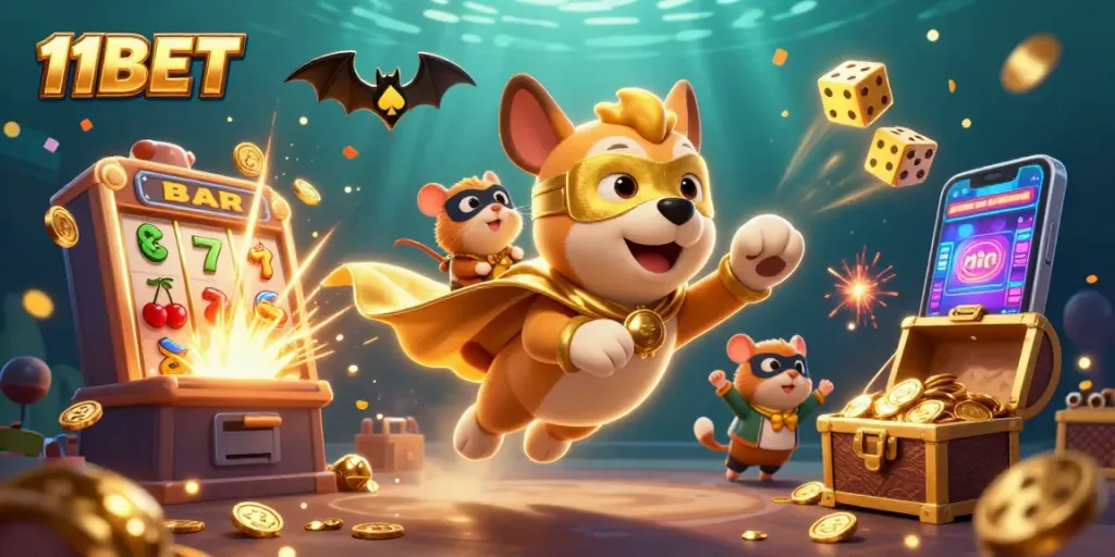 Experience thrilling gameplay with 11BET in a vibrant casino adventure illustration.