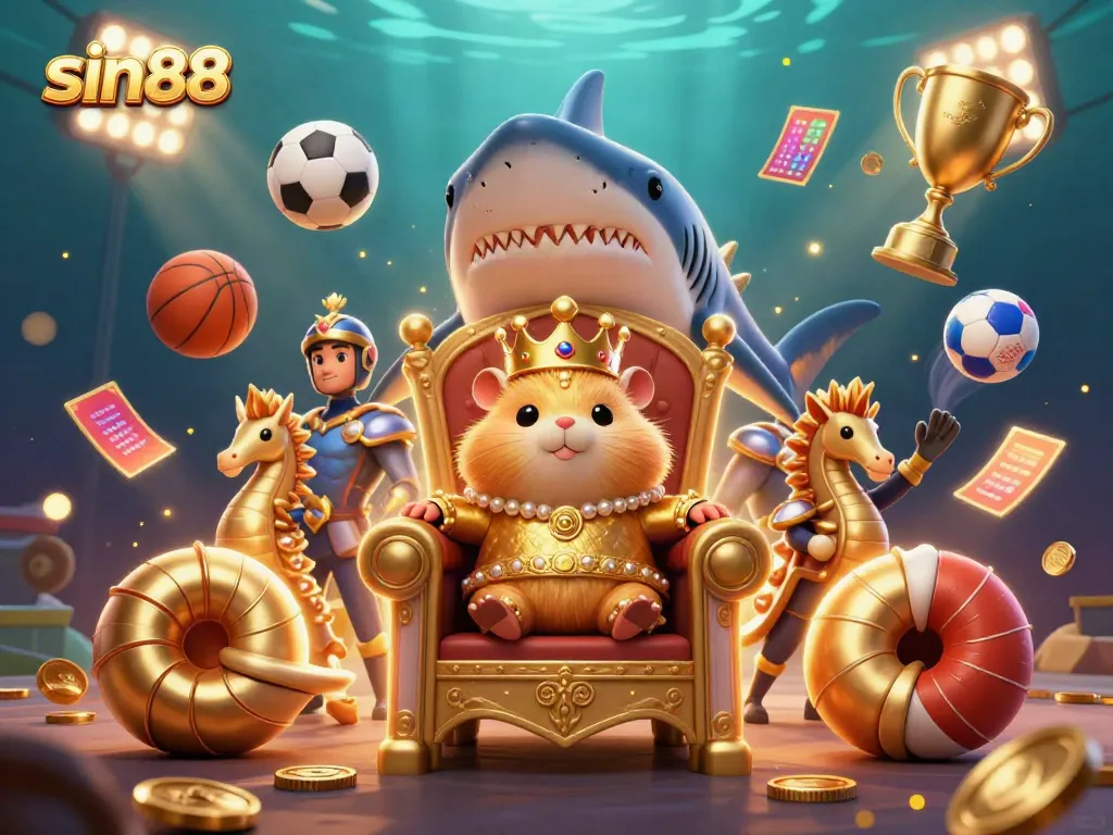 Bet on sin88 with the golden hamster king in a vibrant underwater casino scene!