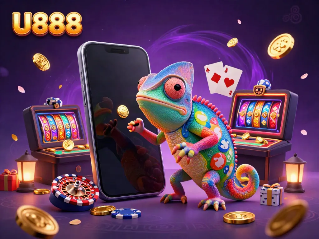 U888 chameleon casino owner catching coins in a vibrant casino scene featuring slot games and poker chips.