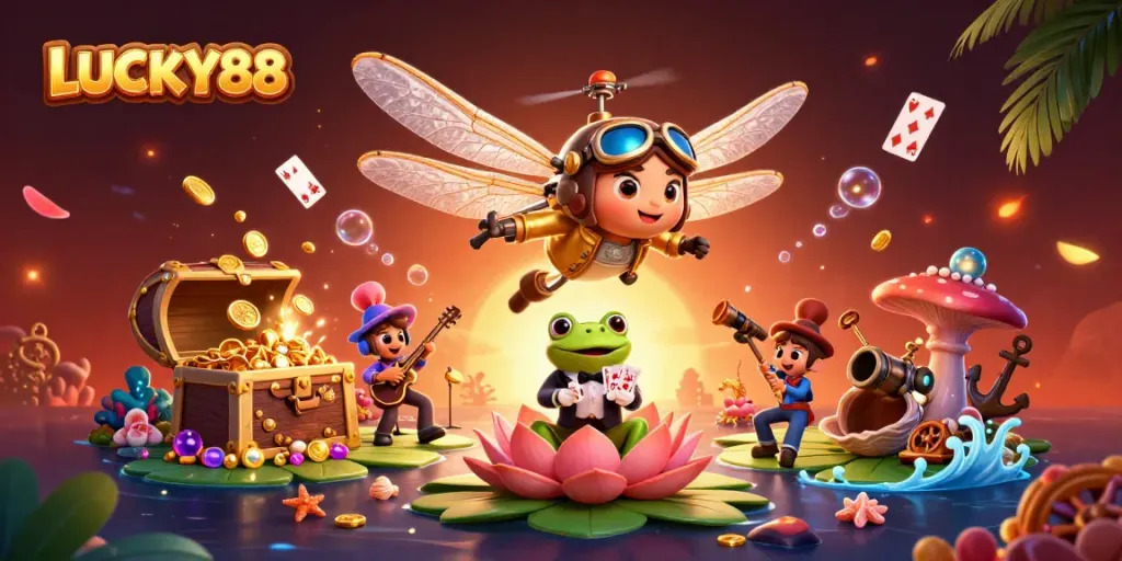 Experience thrilling gameplay with LUCKY88, featuring a dragonfly pilot and a frog dealer amid a vibrant casino