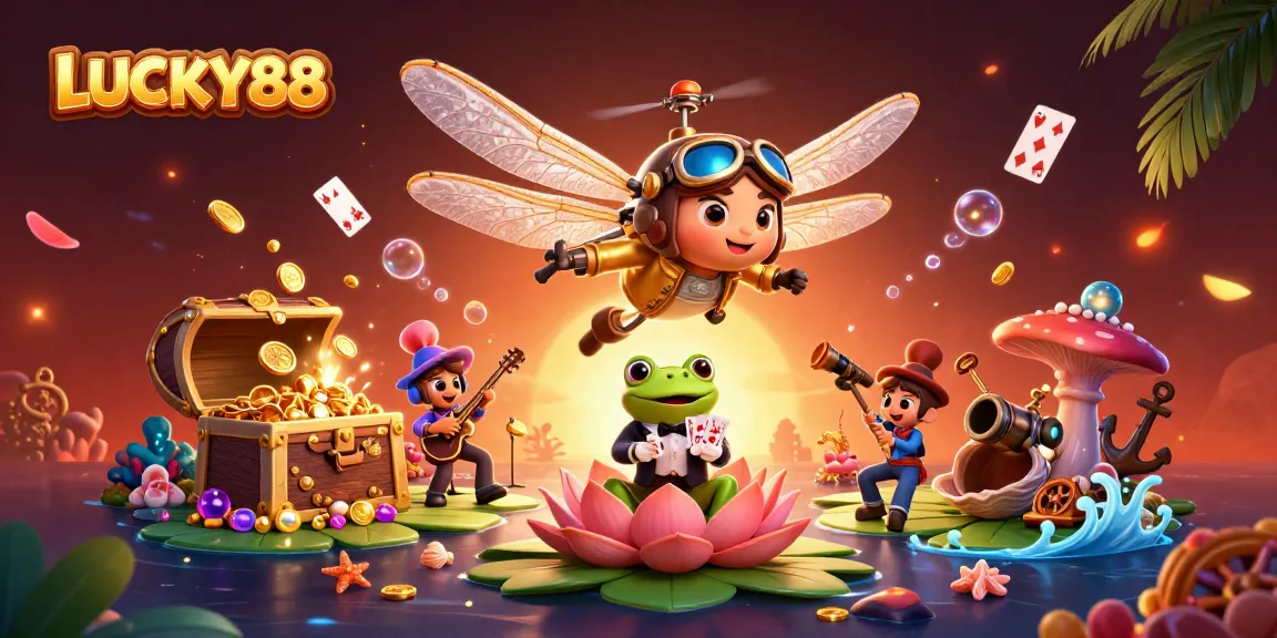 Experience thrilling gameplay with LUCKY88, featuring a dragonfly pilot and a frog dealer amid a vibrant casino