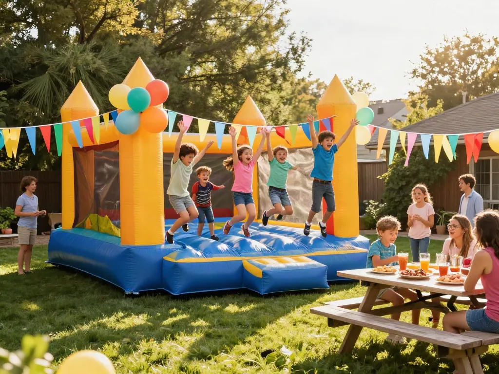 Children enjoying a bounce house with vibrant decorations at a backyard party.