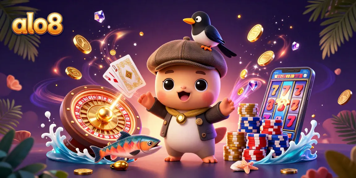Bet on alo8's exciting 3D illustration featuring casino games and playful characters.