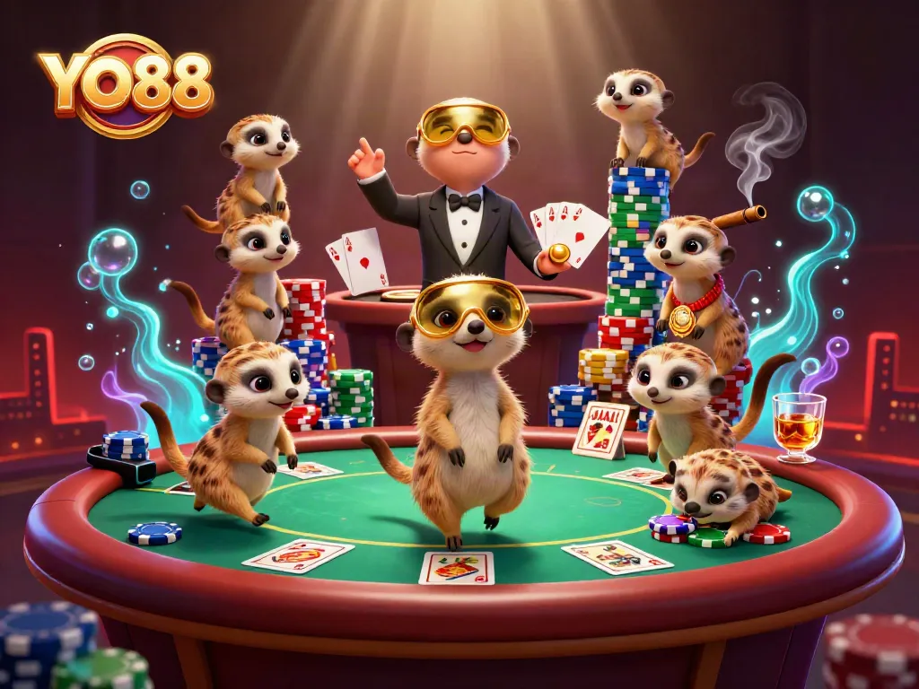 Experience thrilling gameplay at YO88 with meerkats managing a vibrant casino scene.