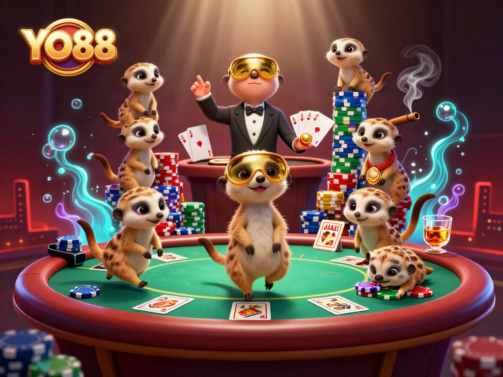 Experience thrilling gameplay at YO88 with meerkats managing a vibrant casino scene.