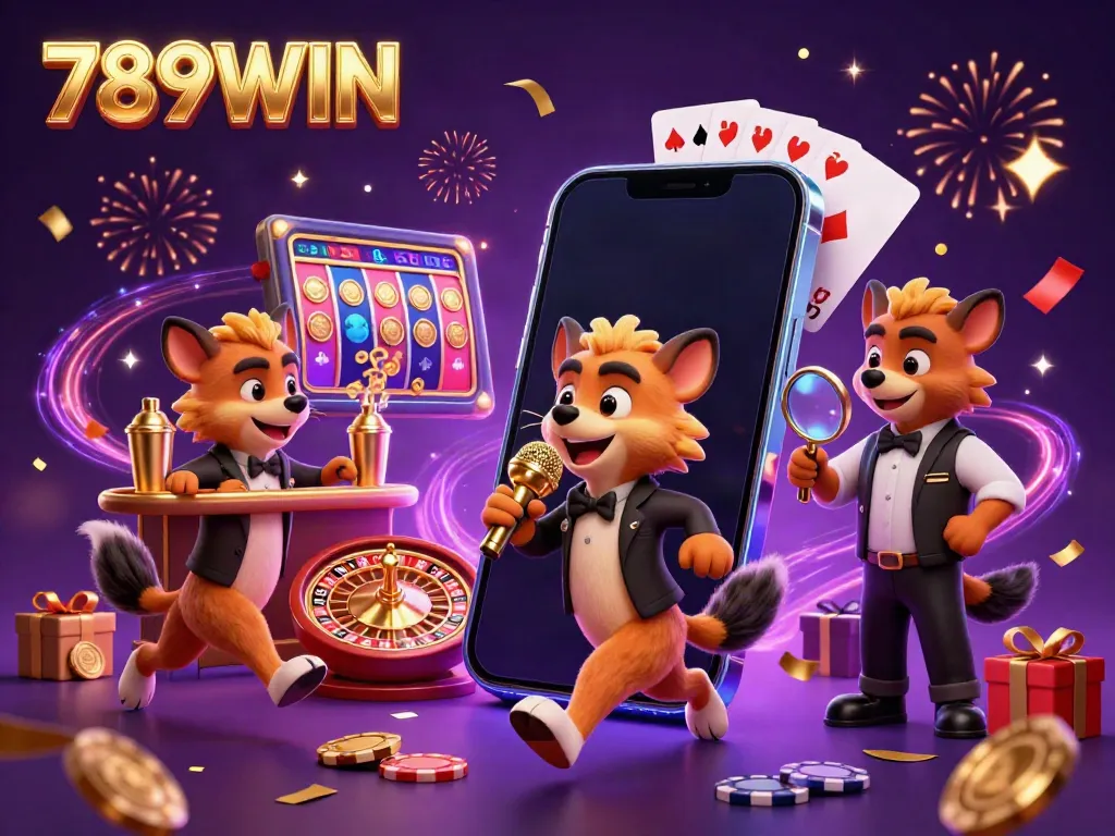 Experience comedy and excitement at 789WIN's vibrant casino scene with lively hyena characters.