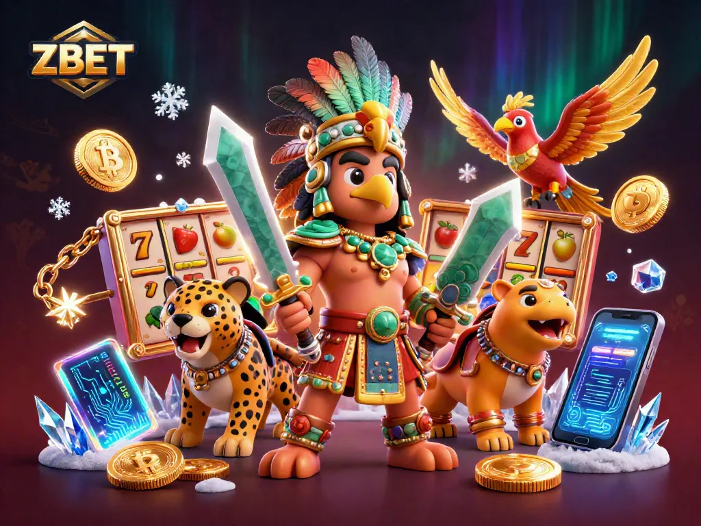 ZBET offers thrilling slot adventures with 3D Aztec warriors and crypto elements in a captivating casino illustration.