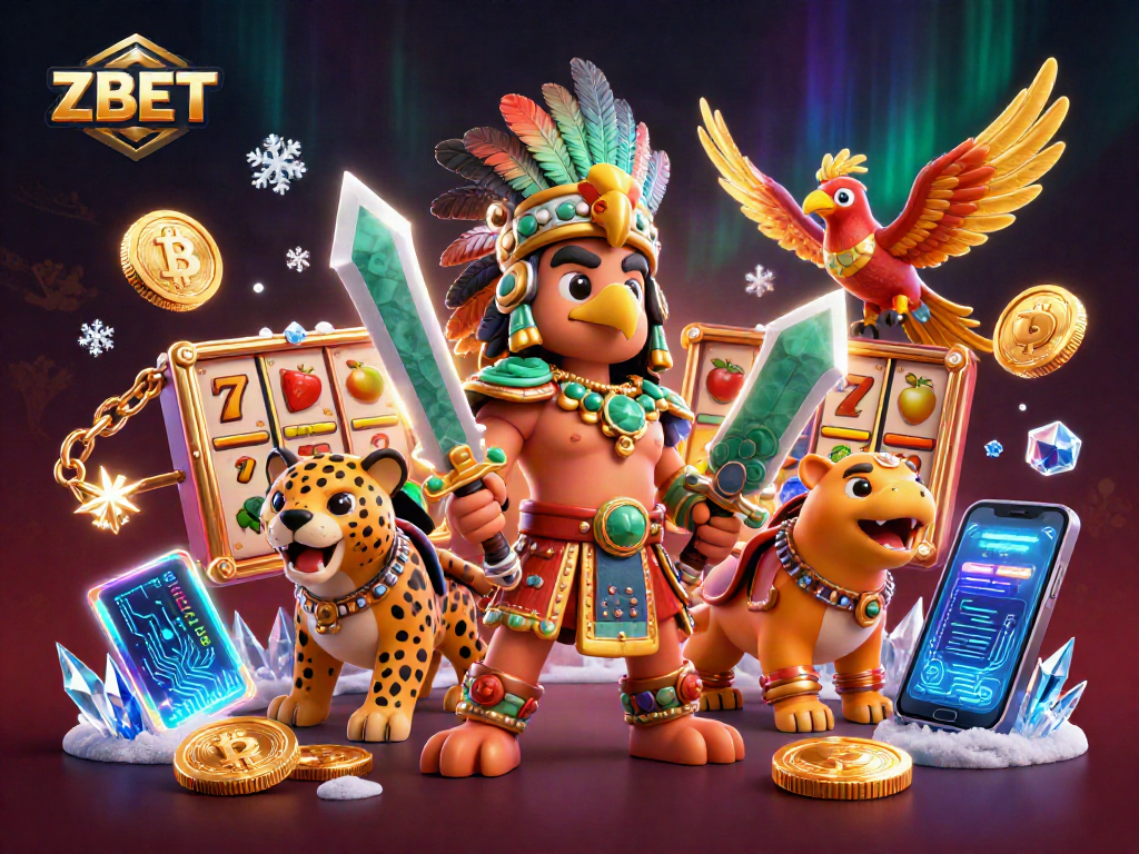 ZBET offers thrilling slot adventures with 3D Aztec warriors and crypto elements in a captivating casino illustration.