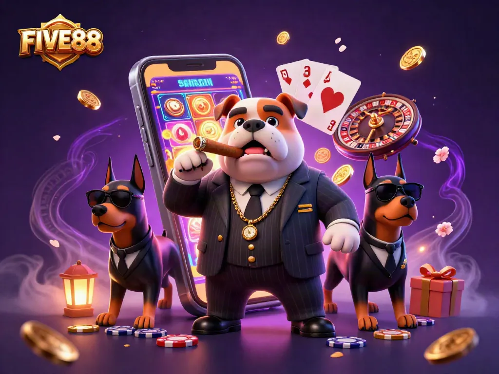Join the action with FIVE88 as a bulldog mob boss leads a dynamic gambling scene filled with slots and poker.