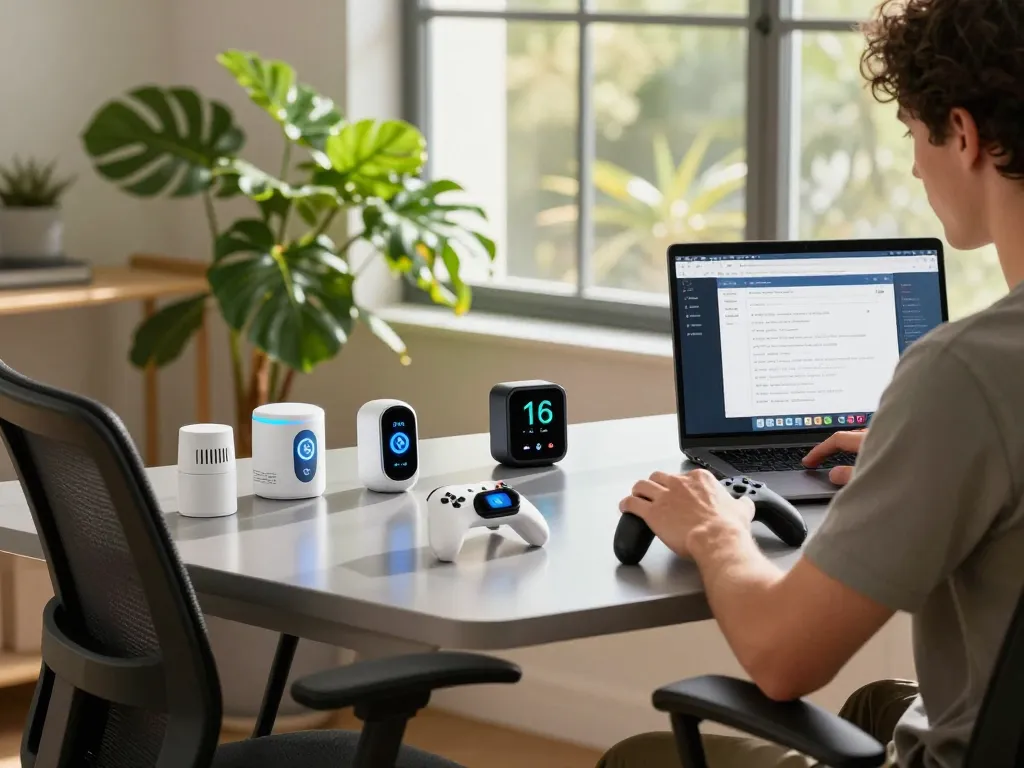 Experimenting with must have tech gadgets in a bright modern workspace.
