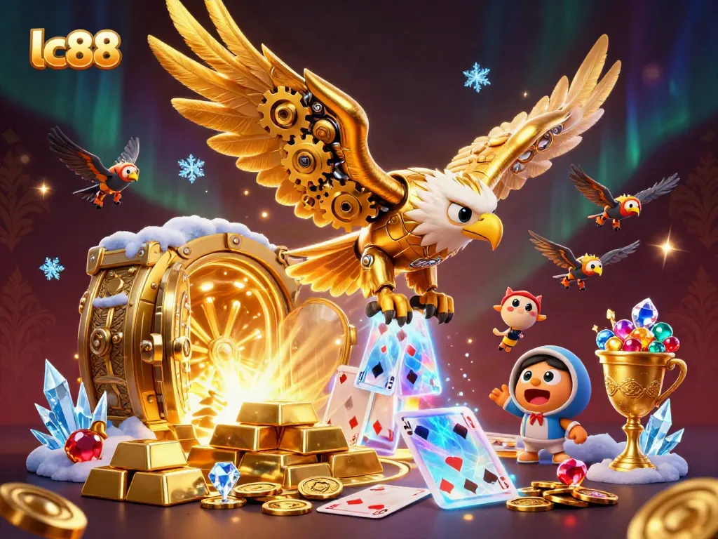 Experience thrilling gaming with lc88 as the golden eagle soars through a treasure-filled casino.