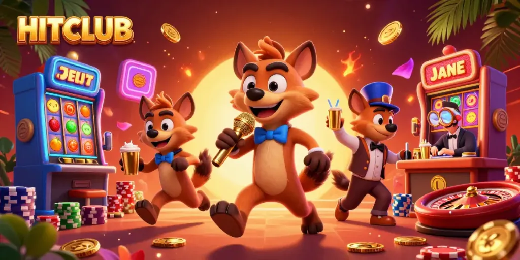 Experience the excitement at HITCLUB casino with a lively hyena comedy scene and vibrant gaming elements.