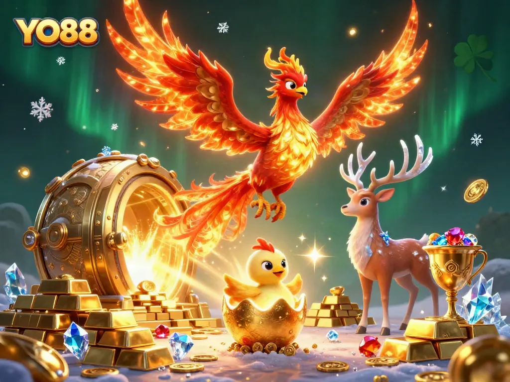 Engage with YO88's thrilling gaming adventure featuring a phoenix and treasures in a vibrant casino illustration.