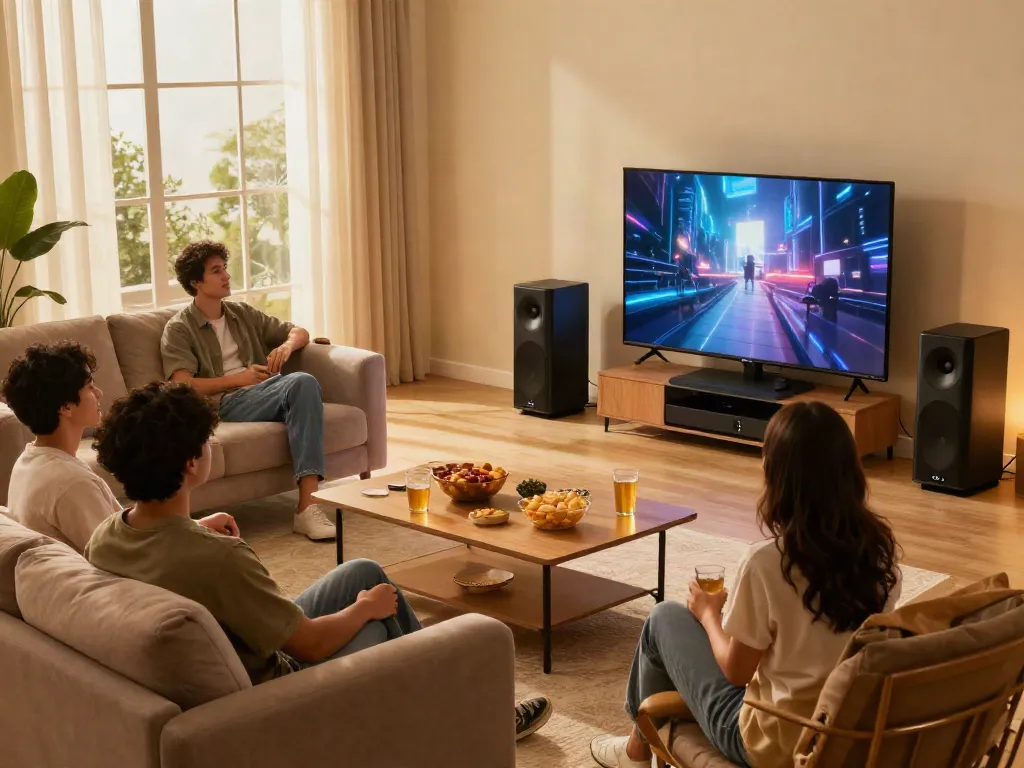 Vision Speaker Price in bangladesh showcased in a relaxed home cinema with friends enjoying entertainment.