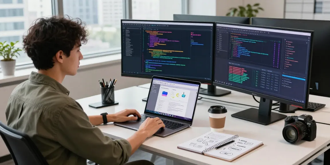快连 network experience in a modern tech workspace with code on monitors and a developer at work.