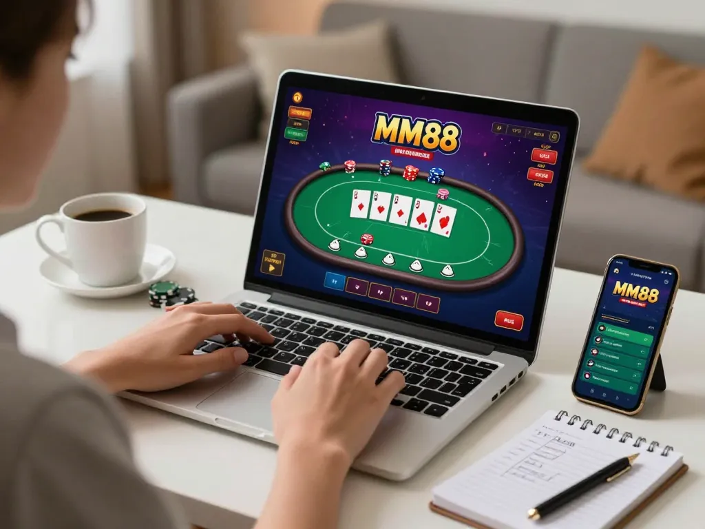 Engaging gameplay experience with MM88 online casino on a laptop, showcasing poker strategy in a cozy setup.