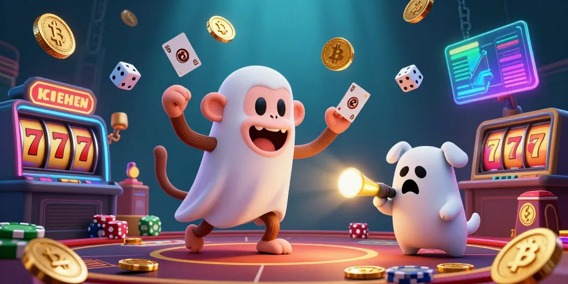 Engaging phimmoi scene showcasing a ghost-hunting puppy tracking a mischievous monkey amidst vibrant gambling elements in a casino.