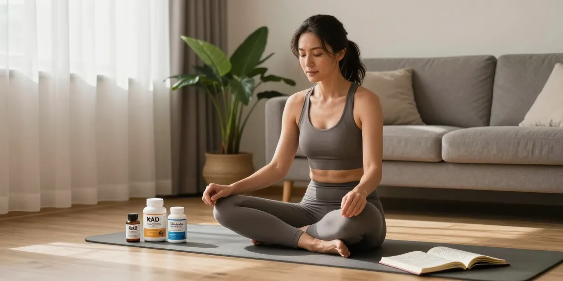 NAD supplements displayed in a serene wellness scene promoting vitality and rejuvenation.