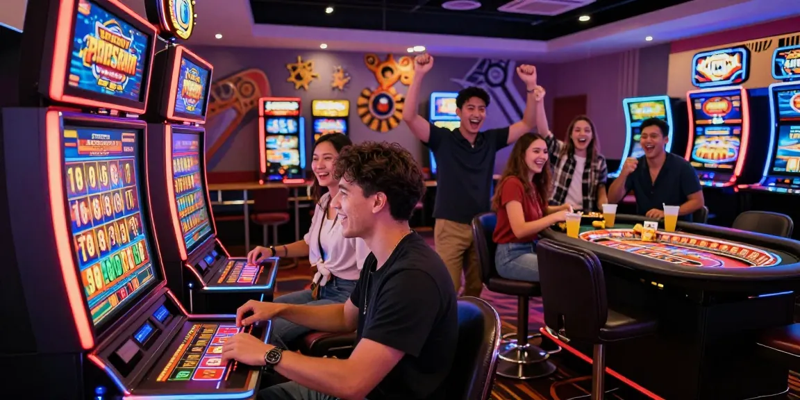 Aufregende Szene in einem Paysafe Card Casino mit Spielern, die Spielautomaten und Roulette genießen und die lebhafte Atmosphäre einfangen.