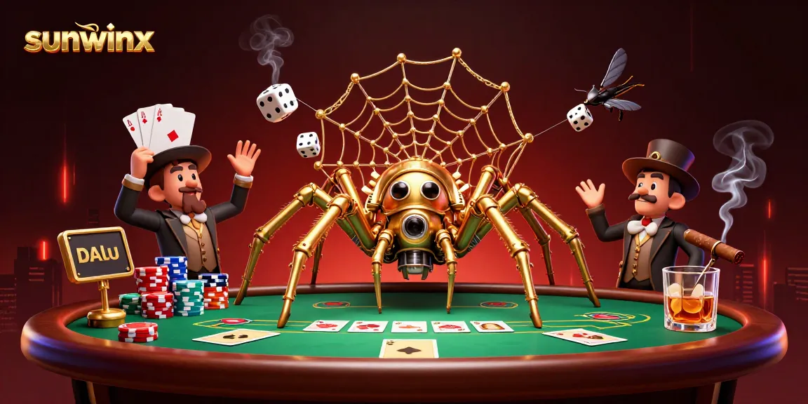 Experience thrilling gameplay at sunwinx with a vibrant 3D casino illustration showcasing poker elements and steampunk art.