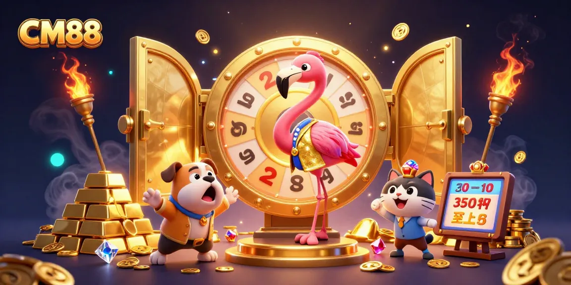 CM88 showcases a thrilling prize game scene with a flamingo host, bulldog contestant, and scoreboard assistant.