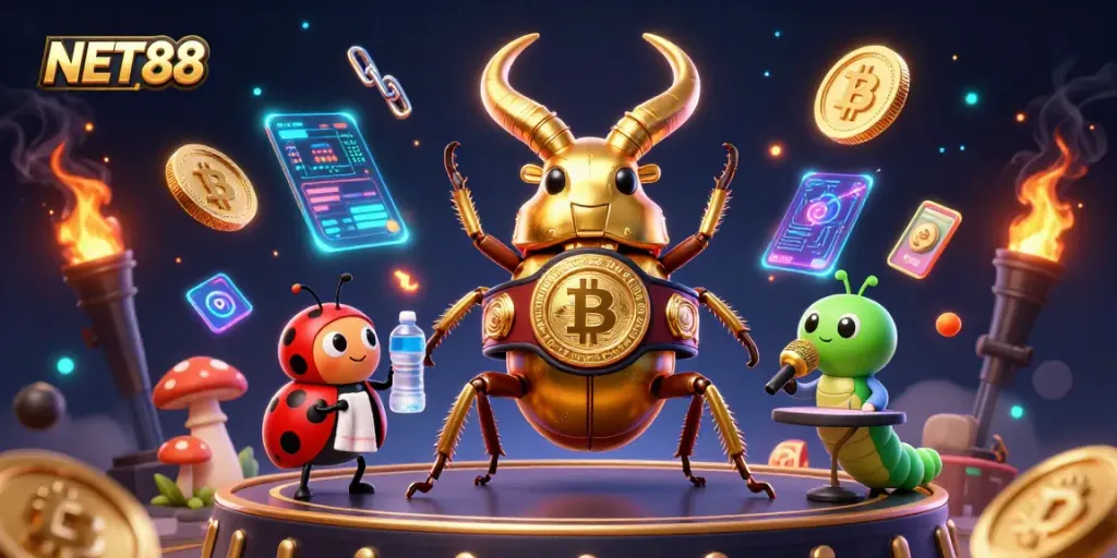 NET88 features a dynamic scene with unique gambling characters and vibrant casino elements.