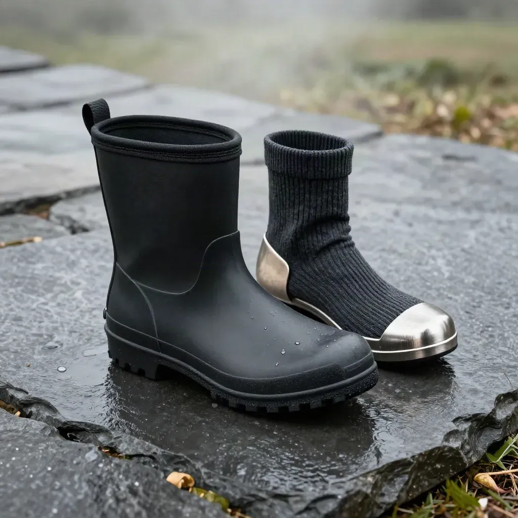 Waterproof boot on wet stone with sock and heel shaper, seen from above.