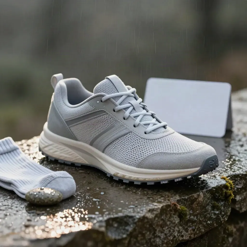Trail sneaker on wet stone with sock, pebble, and misty reflections.