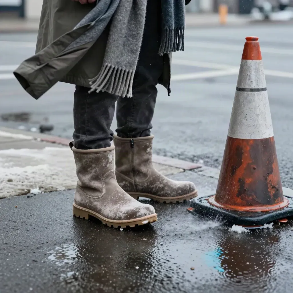Winter boots in slush beside a scarf and cone on a wet curbside crosswalk.
