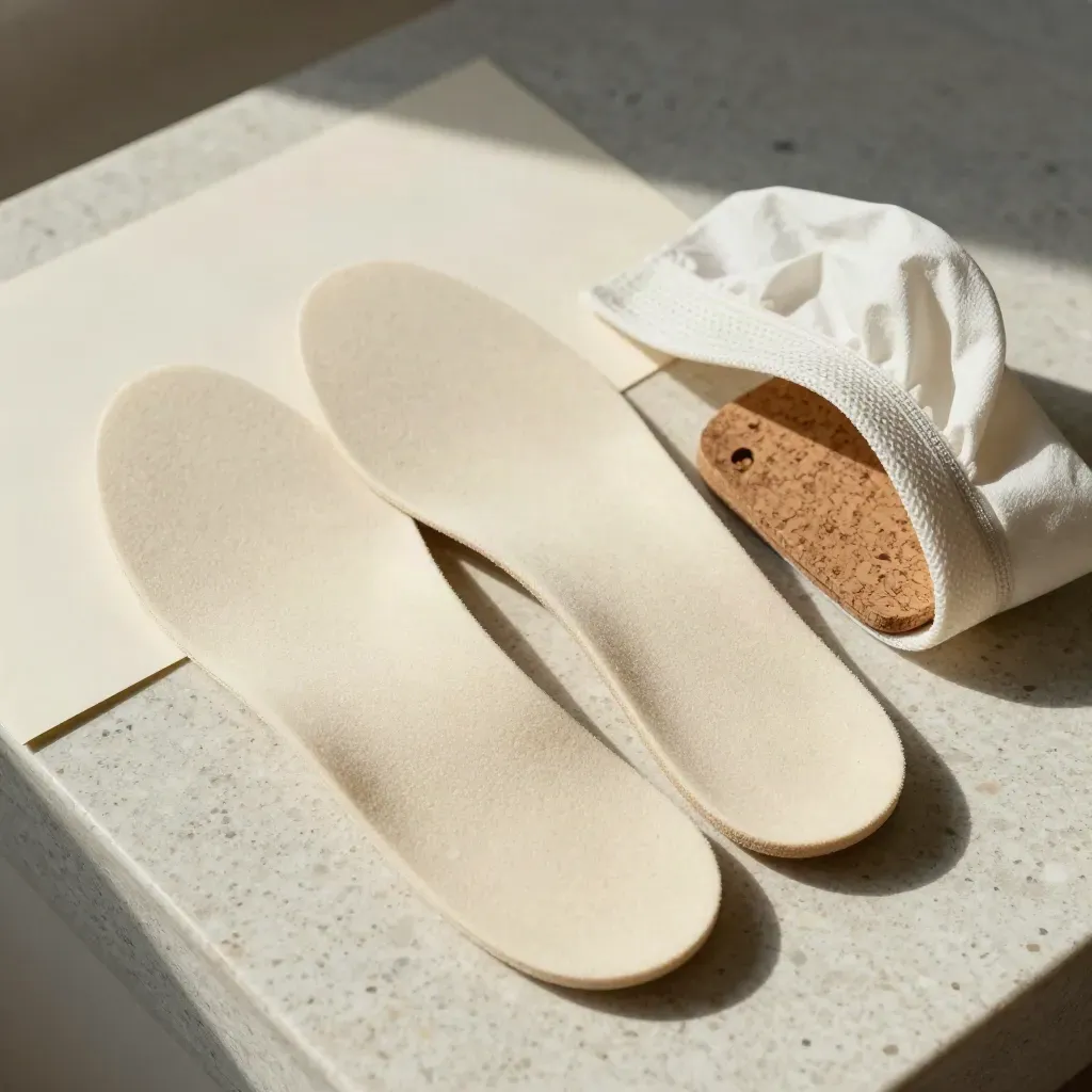 Foam support insoles beside a mesh sneaker tongue, tissue wrap, and cork insert on travertine
