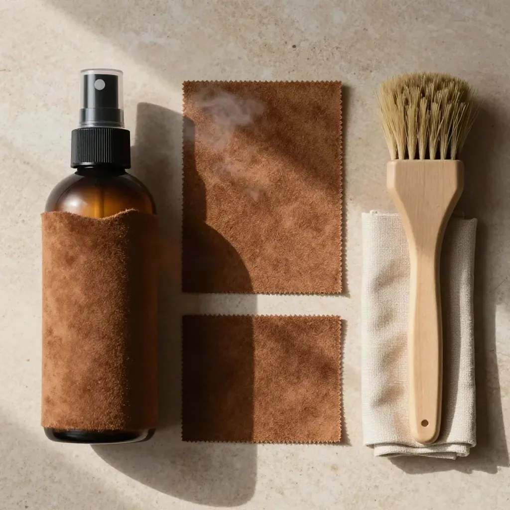 Overhead flat lay of suede protect spray with swatch, cloth, brush, and mist on a stone slab.