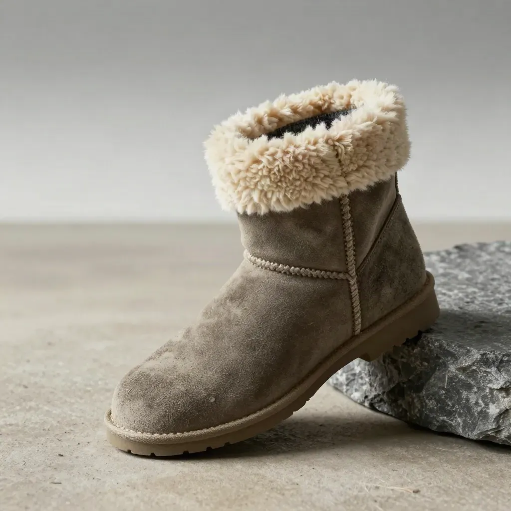 Close-up of a Ridge Warm Boot on stone with fleece collar, knit cuff, and wool sock in cold haze.