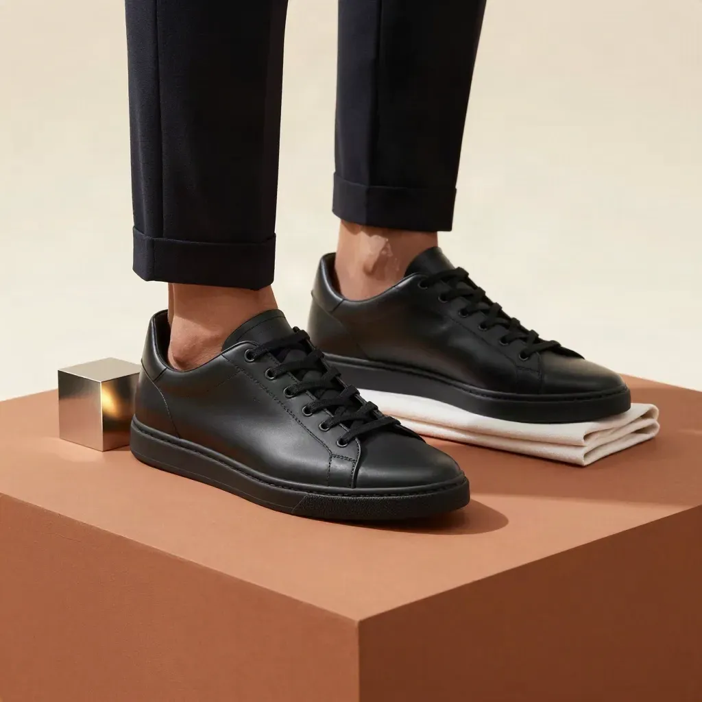 Black Marlow dress sneakers with trouser cuff and steel cube on terracotta clay