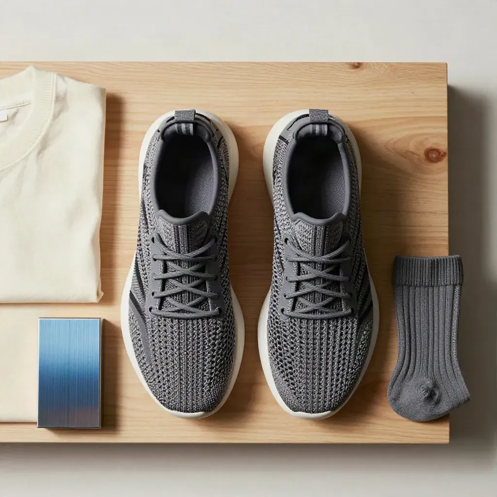 Overhead flatlay of knit sneakers with sock, folded tee fabric, and brushed aluminum block.